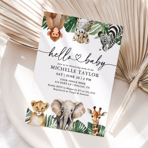 Jungle Safari Animals Greenery Baby Shower Invitation Baby Safari Animals, Jungle Safari Animals, Pinto Bean, Safari Baby Shower Invitations, Animal Baby Shower Invitations, Jungle Baby Shower, Gender Reveal Invitations, Invite Friends, Safari Baby Shower