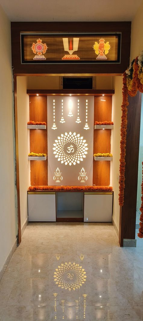 Pooja Room Design Modern Indian, Deoghar Design, Interior Design For Pooja Room, Living Room Pooja Mandir, Tv And Pooja Unit Design, Pooja Room Lighting Ideas, Pooja Room Back Wall Designs, Gods Room Design, Pooja Room Roof Top Design