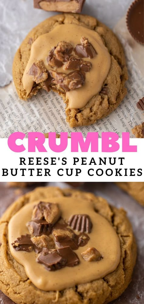 Crumbl Peanut Butter Cup Cookies, Peanut Butter Cheesecake Cookies, Crumbl Peanut Butter, Crumbl Recipes, Peanut Butter Cookies Soft, Reese's Cookies, Reese's Peanut Butter Cup Cookies, Reeses Cookies, Crumble Cookie Recipe