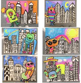 Cassie Stephens: Let it Glow: Monsters in the City! Art Ideas 2nd Grade, Art Lessons 2nd Grade, Art Projects Second Grade, Art Projects For Grade 1 And 2, Monster Art Lesson Elementary, City Art Project, Elementary Architecture Art Projects, Glow Art Projects, Back To School Art Projects Elementary