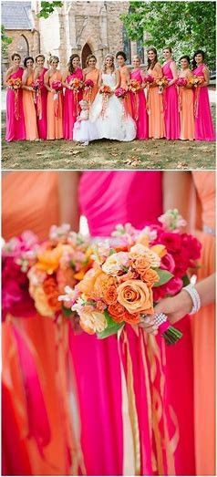 Blue And Pink Bridesmaid Dress, Hot Pink And Orange Wedding Theme, Tropical Wedding Dress Bridesmaid, Vibrant Summer Wedding Colors, Bridesmaid Dresses Bright Colors, Orange And Pink Bridesmaid Dresses, Texmex Wedding, Pink Dress For Wedding Guest, Pink And Orange Bridesmaid Dresses