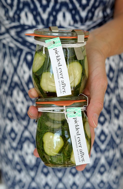 DIY Wedding Favor: Homemade Pickles (With Printable Tag!) | Julep Pickle Favors Wedding, Pickles At Wedding, Pickle Wedding Favors, Pickle Party Favors, Homemade Wedding Favours, Pickle Wedding, Pickle Packaging, Wedding Favor Sayings, Personalised Favours