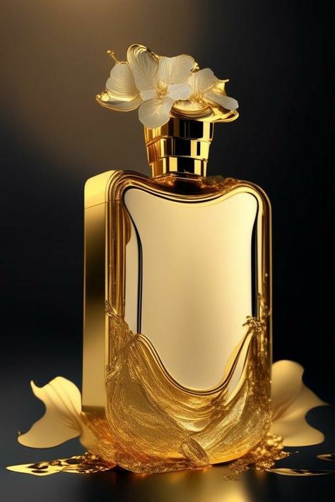 Gold Perfume Aesthetic, Parfum Bottle Design, Unique Perfume Bottles, Perfume Painting, Fragrance Bottle Design, Kate Spade Perfume, Gold Perfume, Lalique Perfume Bottle, Perfume Vintage