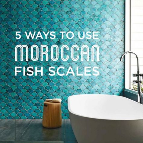 Moroccan Fish Scales are timeless and are very high in demand. We have rounded up some of our favorite inspiration to show you 5 different ways to use Moroccan Fish Scales!    1. Navy Deep Blues  Apartment Therapy Fish Scale Tile Bathroom, Moroccan Fish, Mermaid Tile, Moroccan Fish Scale Tile, Scale Tile, Moroccan Fish Scale, Fish Scale Tile, Mercury Mosaics, Artisan Tiles