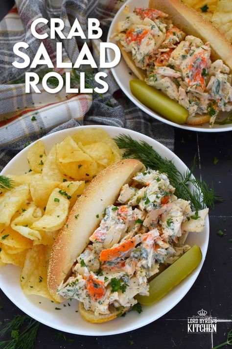 Loaded with crab meat, these Crab Salad Rolls are a fast and easy meal that is easily completed with a handful of really crispy kettle chips!  The crab meat is tossed in a savoury thick dressing made with mayonnaise, chives, dill, lemon, and celery.  It really does not get any easier or any more delicious than this! #crab #imitation #salad #sandwich #rolls Crab Rolls Sandwich, Crab Salad Sandwich, Crab Meat Salad, Crab Sandwich, Rolled Sandwiches, Sandwich Rolls, Crab Rolls, Turkey Breakfast, Salad Rolls