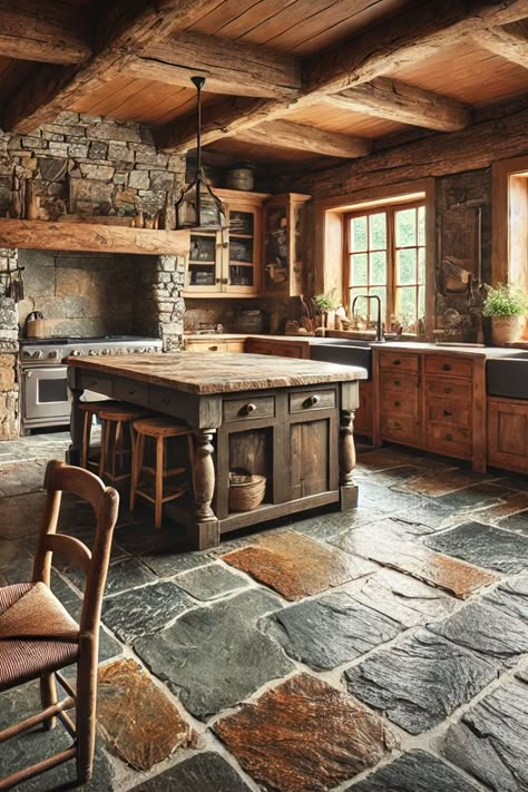 Rustic Charm Kitchen, Beautiful Rustic Kitchens, Luxury Flooring Design, Rustic House Outside, Rustic Kitchen Flooring Ideas, Slate Flooring Kitchen, Stone And Wood Kitchen, Rustic Stone Kitchen, Stone Houses Rustic