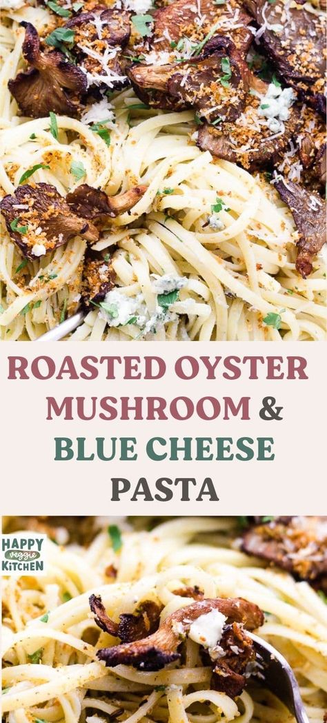 Turn your oyster mushrooms into something special with this pasta recipe! Oyster mushrooms are roasted to a crisp with seasoned crumb topping, and added to a bowl of creamy blue cheese pasta for a deliciously decadent vegetarian dinner. If you aren't sure what to do with oyster mushrooms, this is a great starting point. Pasta With Oyster Mushrooms, Oyster Pasta Recipes, Pearl Oyster Mushroom Recipes, Blue Oyster Mushroom Recipe, Seafood Mushroom Recipes, Blue Oyster Mushrooms Recipes, Oyster Mushrooms Recipes, Oyster Mushroom Pasta, Mushroom Blue Cheese