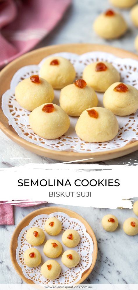 Malaysian Cookies Recipes, Semolina Cookies, Semolina Recipes, Semolina Recipe, Raya Cookies, Scout International, Easy Korean Recipes, Mee Goreng, Almond Tart