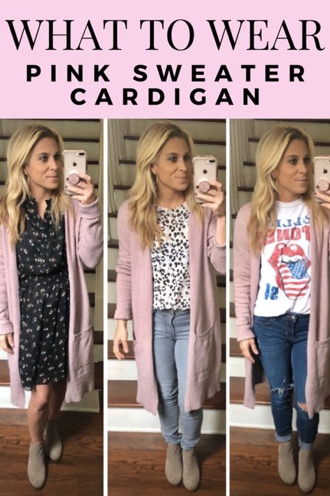 What to Wear with a Pink Sweater Cardigan Pink Cardigan Outfit Fall, Light Pink Cardigan Outfit, Ways To Wear A Cardigan, Long Pink Cardigan, Long Pink Sweater, Pink Cardigan Outfit, Rock Style Fashion, Pink Sweater Outfit, Winter Cardigan Outfit