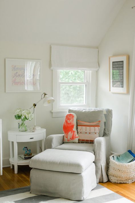 outside mount roman shades Bohemian Nursery Boy, Grey Glider Nursery, Roman Shades Bedroom, Inside Mount Roman Shade, Farmhouse Roman Shades, Outside Mount Roman Shades, Roman Shades Living Room, Glider Nursery, Shiplap Nursery