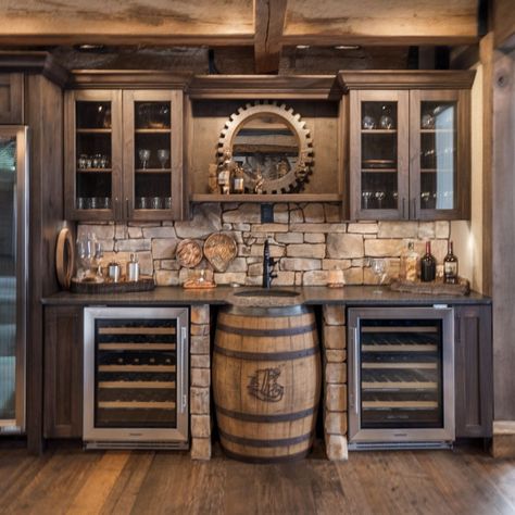 The 15 Coolest Basement Bar Ideas - Rhythm of the Home Basement Bar And Laundry, Bar Room Wall Ideas, Mini Fridge In Basement, Tavern Basement Ideas, Game Room Bar Ideas Basement Designs, Basement Bar Sink Ideas, Western Basement Bar, Bourbon Bar Basement, Bourbon Room Ideas Modern