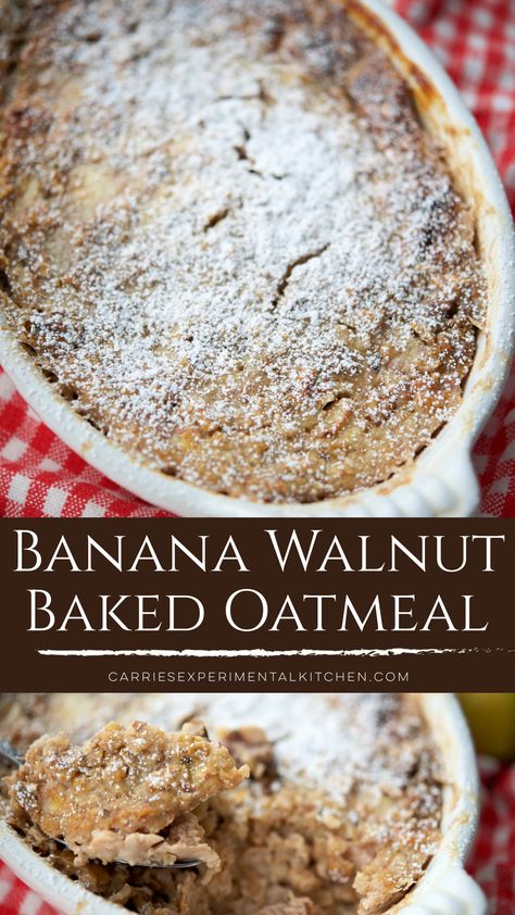 Whole grain oats combined with bananas, crunchy walnuts, eggs and milk; then baked into a delicious breakfast casserole.  #breakfast Baked Apple Oatmeal, Casserole Breakfast, Delicious Breakfast Casserole, Banana Oatmeal Pancakes, Breakfast Oatmeal Recipes, Breakfast Oatmeal, Banana Walnut, Blogger Photos, Breakfast Choices