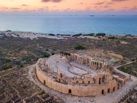 Aftfa - Libya - Leptis Magna was a prominent city of the Carthaginian Empire and Roman Libya at the mouth of the Wadi Lebda in the Mediterranean. Ancient Theatre, Rome Empire, Ancient History Archaeology, Roman Theatre, Northern Africa, Roman City, African Continent, Most Beautiful Cities, Libya