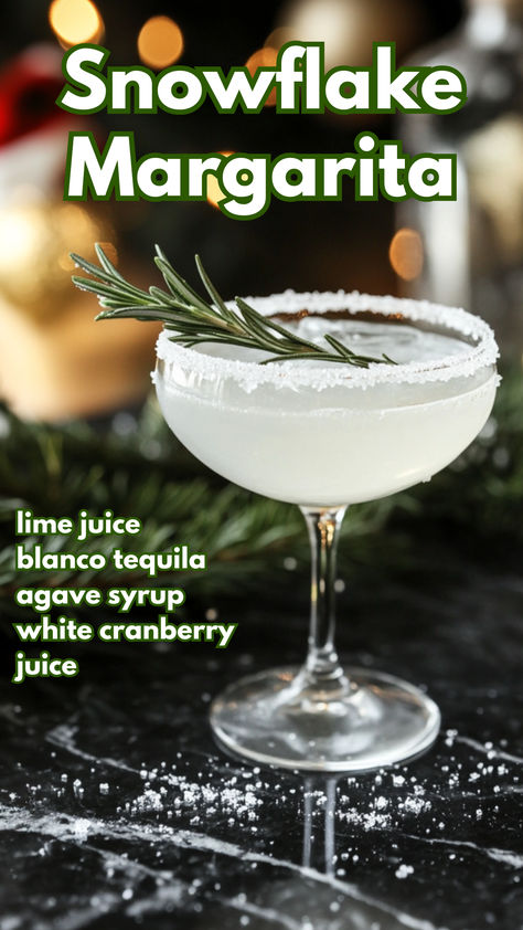 A Snowflake Margarita with a frosty sugar rim, garnished with a sprig of rosemary, and served in a martini glass, sitting on a festive background with holiday decorations. Snowflake Margarita Recipe, New Years Drinks With Tequila, Xmas Margarita Recipes, Refreshing Holiday Cocktails, Christmas Cocktails Margarita, Cocktail Tasting Party, White Wine Drinks Cocktails, New Year’s Eve Margaritas, Yummy Margarita Recipes