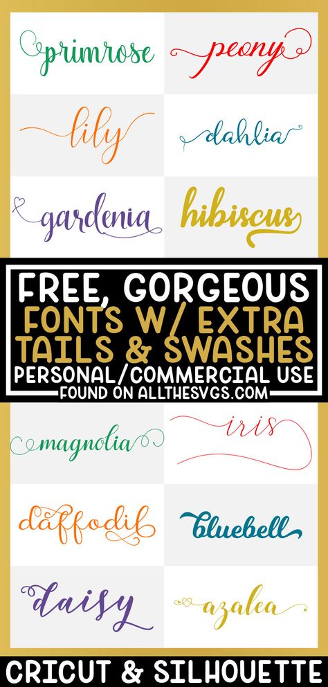 FREE FONTS WITH TAILS, ALTERNATE SWASHES, EXTRA GLYPHS. Professional graphic design, logo, Cricut, Silhouette, wedding. Best most popular top typography font family collection typeface. Brush calligraphy cursive script, vintage retro Handwritten, modern, minimalist, masculine, feminine girly, easy, cute, trendy, stylish, beautiful, elegant, clean, cool, hipster, fancy, unique, simple sans serif Download ttf files Word iPhone Alphabet letters free for commercial use license #allthesvgs #freefonts Free Fonts With Tails, Free Font With Tails, Fonts With Tails, Free Cursive Fonts, Free Fonts For Cricut, Cursive Calligraphy, Calligraphy Modern, Fonts For Cricut, Cursive Script