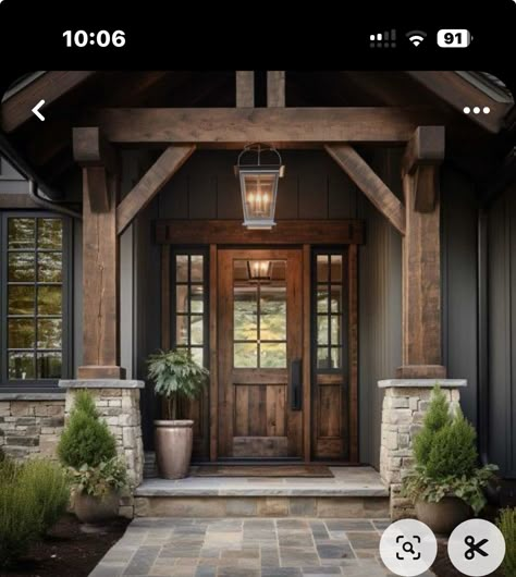 Arch Entryway Exterior Porches, Porch Pillar Ideas, Exterior Entryway Ideas Front Entrances, Bathroom Window Trim, Front Entryway Ideas Exterior, Rustic Exterior House Colors, Home Entry Ideas, Exterior Entryway Ideas, Covered Entryway