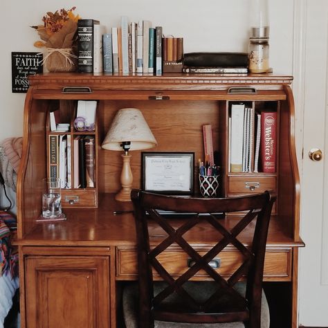 Rolltop Desk Office, Rolling Top Desk, Styling A Roll Top Desk, Roll Top Desk Aesthetic, Roll Top Desk Decorating Ideas, Roll Top Desk Decor, Roll Up Desk, Desk Front View, Vintage Roll Top Desk