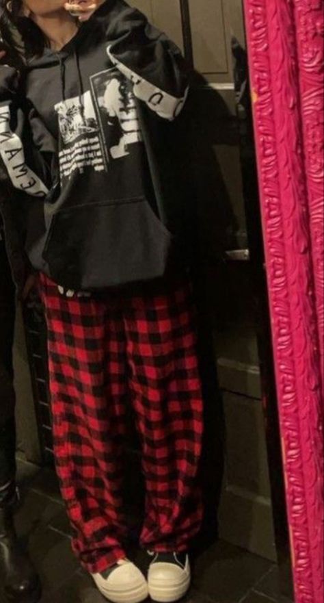 Red Pjs Outfits, Red Plaid Pajama Pants Outfit, Dark Pajamas Aesthetic, Red Pajama Pants Outfit, Pajama Pants And Hoodie, Flannel Pajama Pants Outfit, Red Pj Pants Outfit, Plaid Pjs Outfit, Grunge Pyjamas