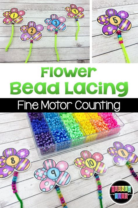 Lace pony beads on these numbered flowers for a fine motor counting activity with a garden theme! #activities for preschool #activity #activity for toddlers #preschool Pre K Plants Activities, Pre K Garden Activities, Pre K Spring Activities, Plants Theme Preschool, Garden Activities For Preschool, Flower Math, Spring Lesson Plans, April Preschool, Spring Theme Preschool