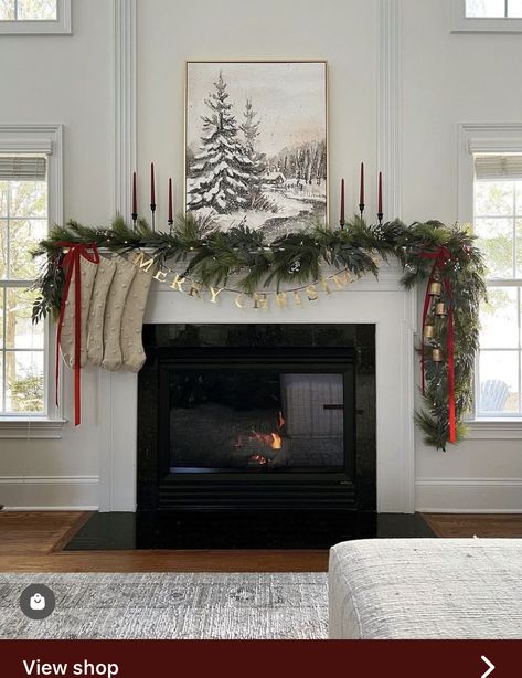 Christmas Mantle Artwork, Cream And Gold Christmas Decor, Stockings On Wall Ideas, Stocking Hangers No Fireplace, Stockings On Wall, Mantle Christmas Garland, Mantel Christmas Decorating Ideas, Fireplace Garland Christmas, Garland On Mantle