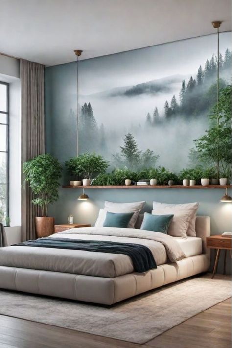 Shelving Bedroom Wall, Cool Bedroom Wallpaper, Bedroom Building Ideas, Wall Paints For Bedroom, Room Wall Painting Bedrooms, Bedroom Ideas With Wallpaper, Wallpapers For Bedroom Walls, Atmospheric Bedroom, Bedroom Oasis Ideas