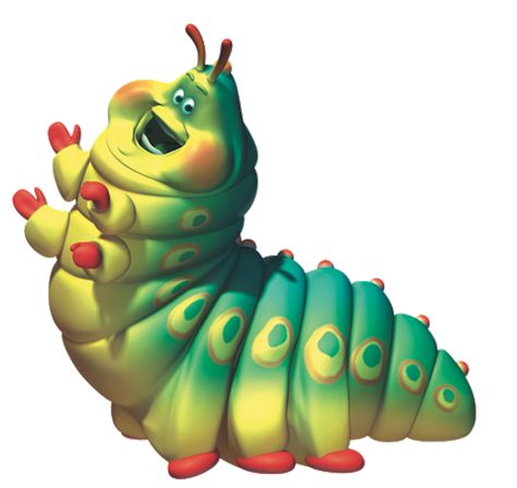 Heimlich is a caterpillar and one of the supporting characters from Disney/Pixar's 1998 film A Bug's Life. Heimlich is shown to have a gluttonous appetite and is seen eating almost all the time, especially while helping the ants construct a model bird to scare Hopper and his gang. Although brave, he still shows fear when a real bird nearly eats him. Also, when Hopper shouts at the approaching circus wagon, he frightens Heimlich who says he thinks he's going to wet himself. A Bugs Life Characters, Caterpillar Art, Bugs Life, A Bug's Life, Horror Music, Monsters Inc, Western Movies, Disney Drawings, Beautiful Butterflies