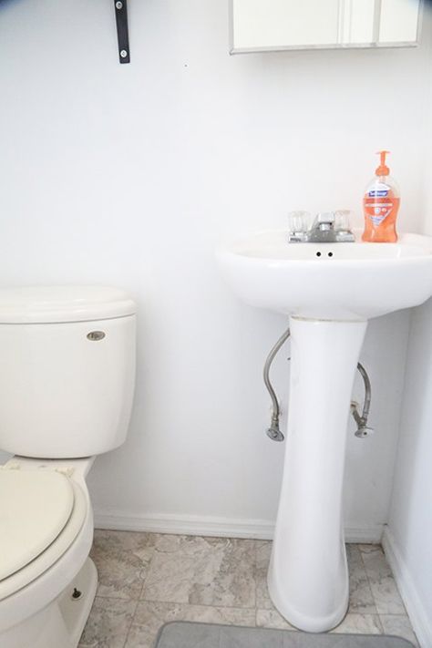 How to Build A Brilliant Shelving Solution for Small Bathrooms With No Counter Space DIY | Hometalk How To Build A Vanity Around A Pedestal Sink, Diy Pedestal Sink Vanity, Ikea Storage Baskets, Labeling Ideas, Bathroom Tiny, Diy Shelves Bathroom, Diy Space Saving, Bathroom Projects, Bathroom Tips