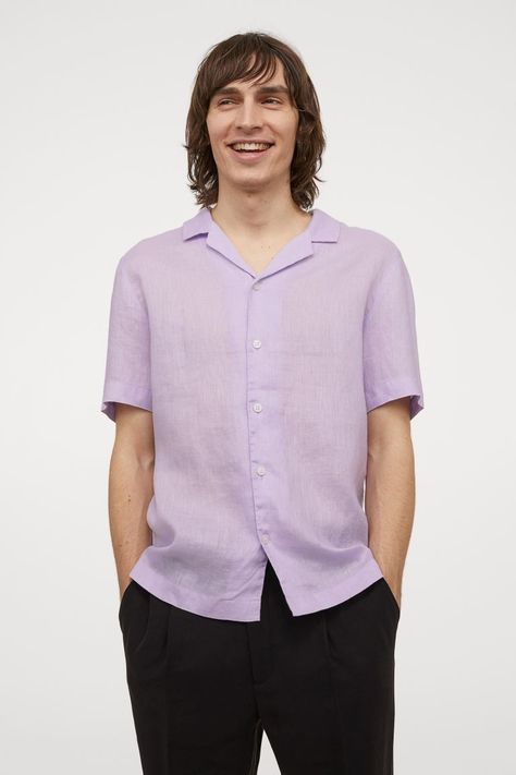 Regular Fit Linen shirt - Light purple - Men | H&M IE Collarless Shirt, Resort Shirt, Guest Attire, Wedding Attire Guest, Safari Jacket, Tuxedo Shirts, Twill Shirt, Poplin Shirt, Oxford Shirt