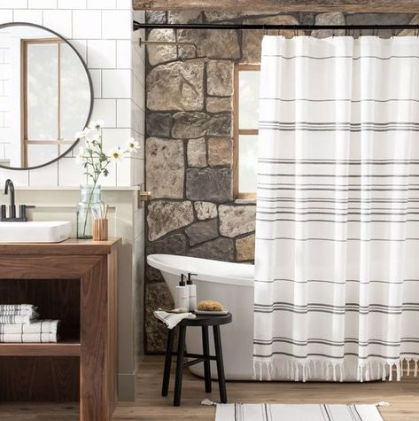 European Farmhouse Kitchen, Tranquil Bathroom, Farmhouse Shower Curtain, Bathroom Decor Themes, Zen Zone, Farmhouse Shower, Shower Designs, Modern Shower Curtains, Bathroom Design Trends