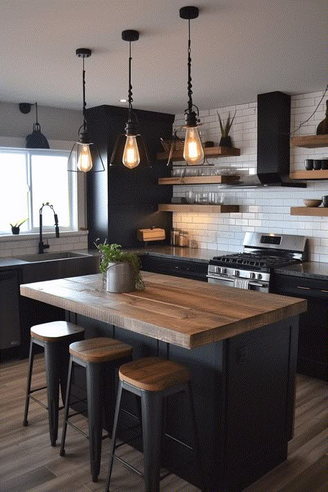 55+ Moody Farmhouse Kitchen Ideas to Add Character Black Kitchen Cabinets Inspiration, Dark Grey Cabinets With Butcher Block, Small Modern Rustic Kitchen, Moody Kitchen Aesthetic, Black Wood Kitchen Design, Modern Farmhouse Kitchen With Black Cabinets, Modern Farmhouse Kitchen Remodel Ideas, Tiny Home Kitchen With Island, Industrial Farmhouse Inspiration