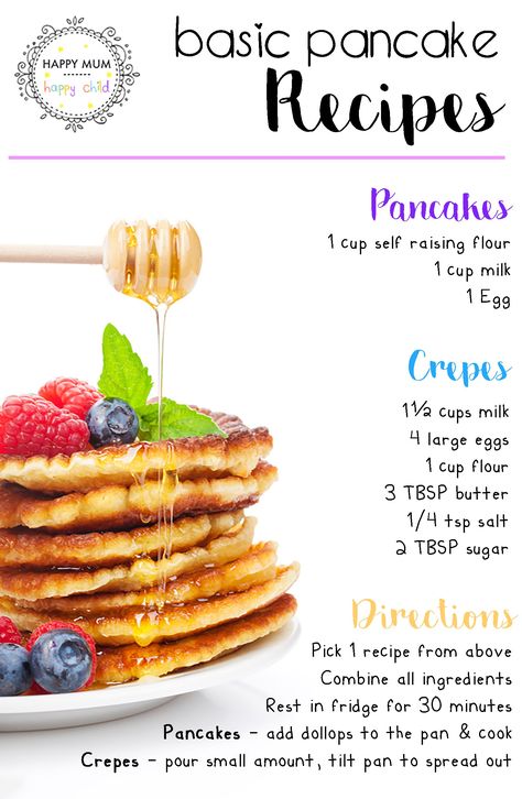 Basic Pancake Recipes AND how to cook the perfect pancake! Three Ingredient Pancakes, Basic Pancake Recipe, Basic Pancakes, Homemade Pancake Recipe, Best Pancake Recipe, Make Pancakes, Pancake Recipe Easy, Happy Child, Perfect Pancakes