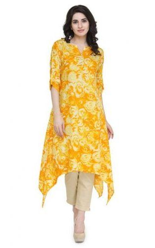 trail cut kurti design High Low Kurti, Long Kurta Designs, Hari Priya, Palazzo Kurti, Pakistani Kurti, Kerala Saree Blouse Designs, Types Of Suits, Girls Designer Dresses, Yellow Flower Print