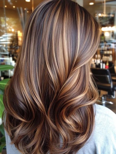 Stunning Fall Highlights for Brown Hair: Ideas to Elevate Your Autumn Look Brunette With Highlights And Layers, Fall Hair With Highlights And Lowlights, Caramel Tips On Brown Hair, Long Brown Fall Hair, Hair Styles With Highlights Ideas, Fall Brunette Hair With Highlights, Blonde Blended Highlights On Brown Hair, Caramel Hair With Honey Highlights, Caramel Ash Brown Hair