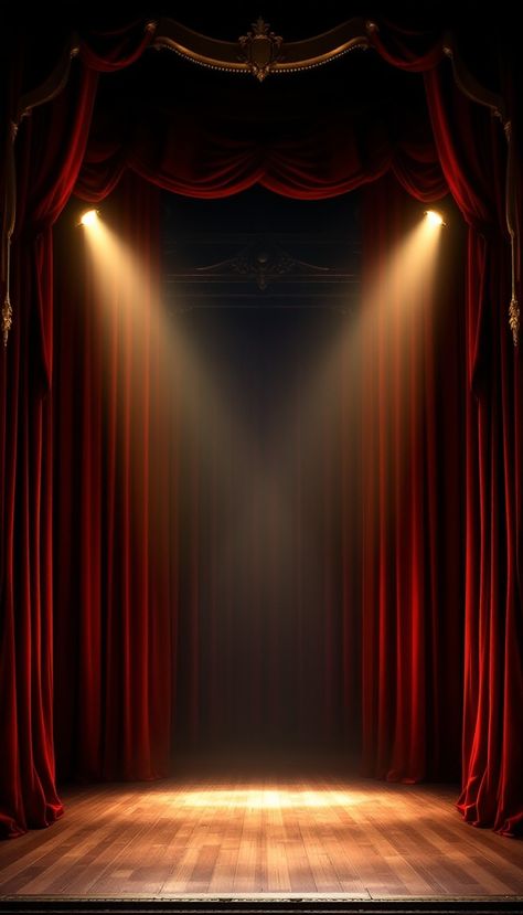 #Stage Awaits #Performance: Dramatic #spotlights illuminate the polished wooden stage while rich red #curtains frame the theatrical space in mystery. #stage #curtains #spotlight #theater #performance #aiart #aiphoto #stockcake ⬇️ Download and 📝 Prompt 👉 https://stockcake.com/i/stage-awaits-performance_1494006_1166389 Theatre Arts Aesthetic, Stage Spotlight Aesthetic, Musical Theater Background, Music Stage Background, Romantic Set Design, Teather Stage, Concert Stage Design Backdrops, Stage Lighting Theater, Background Acting