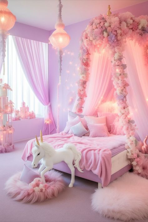 Girly Pink Bedroom, Girly Bedroom Decor, Unicorn Bedroom Decor, Princess Bedrooms, Rose Bedroom, Barbie Bedroom, Rainbow Bedroom, Unicorn Room Decor, Unicorn Bedroom