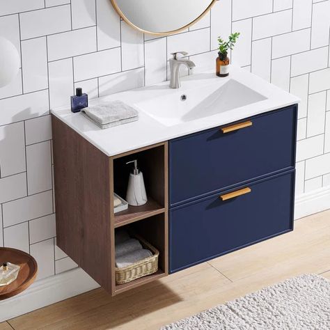 36'' Single Bathroom Vanity with Ceramic Top Blue Bathroom Cabinets, Blue Bathroom Vanity, Sophisticated Bathroom, Wood Ceramic, Porcelain Sink, Sink Cabinet, Daily Cleaning, Blue Bathroom, Modern Bathroom Vanity