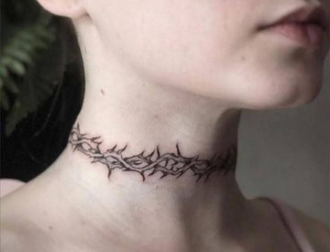 Chocker Tattoo Design, Barbed Wire Throat Tattoo, Barbwire Neck Tattoo, Thorn Tattoo Neck, Thorne Crown Tattoo, Barbed Wire Neck Tattoo, Thorn Neck Tattoo, Neck And Throat Tattoos, Kneck Tattoos