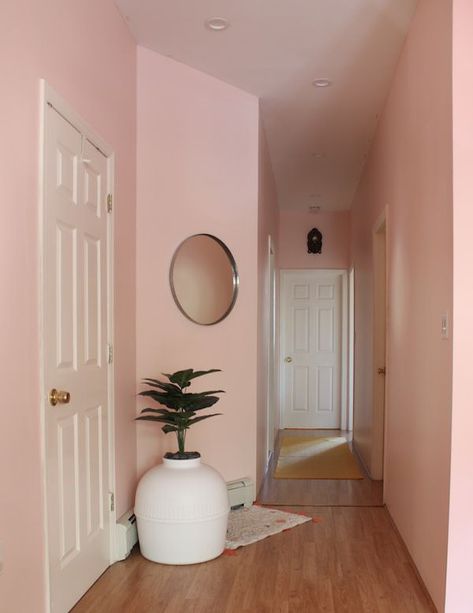 This pink entryway is an extension of a blogger's bohemian living room. The paint color is Baby Soft by Clare. #bohemian #boho #bohodecor #bohohomedecor #bohemiandecor #eclecticdecor Blush Wall Color Bedroom, Blush Walls Living Room, Peach Hallway, Pink Wall Room Ideas, Pink Wall Painting Ideas, Dark Pink Walls, Small Hallway Paint Colors, Pink Living Room Paint, Pink Walls Living Room