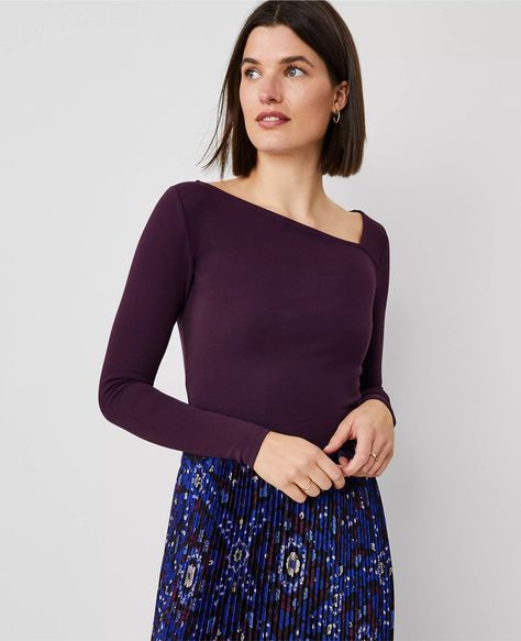 Asymmetric Neck Top Work Wardrobe Capsule, Petite Womens Clothing, 2024 Wishlist, Stylish Petite, Purple Moon, Business Casual Top, Ann Taylor Petite, Capsule Wardrobe Work, Asymmetrical Blouse