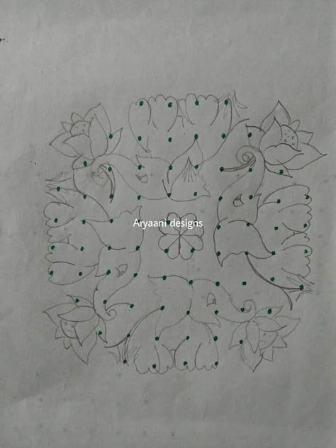 Aryani Designs Rangoli, Elephant Kolam, Chikku Kolam, Kolam Dots, Border Rangoli Designs, Colour Kolam, Kolam With Dots, Word Flashcards, Puja Thali