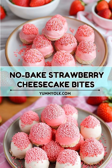 Craving a quick dessert? These No-Bake Strawberry Cheesecake Bites are the perfect combination of creamy cheesecake and sweet strawberries! 🍓✨ Made with simple ingredients, they’re easy to prepare and great for parties, holidays, or everyday treats. No oven required!
#NoBakeDessert #StrawberryCheesecake #EasyRecipes #PartyTreats #CheesecakeBites 🍰🎉 Easy Cheap Sweet Treats, Strawberry Cheesecake Bites No Bake, Strawberry Cheesecake Balls, Easy Desserts With Strawberries, Cheesecake Deviled Strawberries, No Bake Strawberry Cheesecake Cups, Strawberry Cake Bites, Strawberry Cheesecake Bites Recipe, Desserts With Strawberries