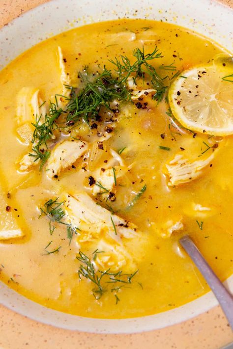 Greek Lemon Chicken Soup (Avgolemono in 30 Minutes!) – Beat The Budget Avologomo Soup, Avgelomono Soup, Avogolemo Soup Recipe, Avgolemono Soup Authentic, Greek Lemon Chicken Soup Avgolemono, Green Chili Chicken Soup, Whole30 Soup, Cottage Cheese Pasta, Salmon Soup