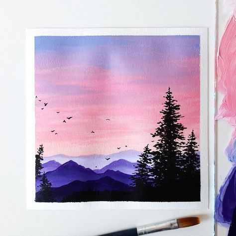 Painting Hills Acrylic, Purple Sunset Painting Easy, Pastel Painting Ideas Easy, Watercolour Sunset, Drawing Tutorials Step By Step, Sunset Painting Easy, Hills Painting, Painting Line Art, Sunset Painting Acrylic