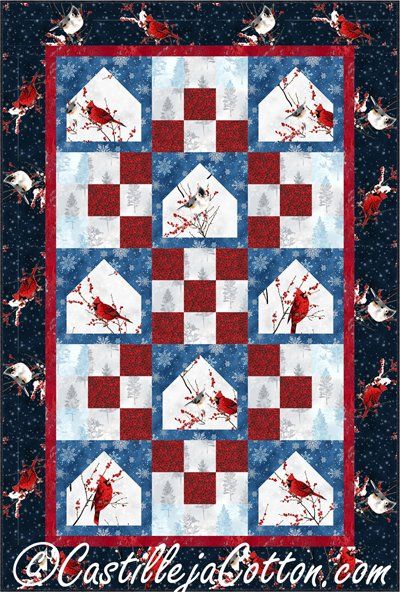 Cardinal Bird Feeders Quilt EPattern by Castilleja Cotton at KayeWood.com. Skill Level: Advanced Beginner Simple bird house block with a nine patch block.  Size: Wall 37" wide by 55" long   Technique: Fusible Applique/Pieced   $10.00 https://www.kayewood.com/shop/c/p/Cardinal-Bird-Feeders-Quilt-EPattern-by-Castilleja-Cotton-x39258369.htm Cardinal Quilt Block Pattern, Cardinal Quilt Block, Quilt With Panel, Cardinal Quilt, Embroidery Quilt Blocks, Quilting With Panels, Quilts With Panels, Chevron Quilt Pattern, New Quilt Patterns