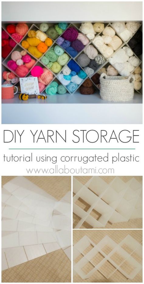 Learn how to make your own yarn storage shelf dividers using corrugated plastic with this tutorial!  It is a beautiful way to display your yarn! Yarn Display Storage, Yarn Shelf Storage Diy, Yarn Closet Organization, Wool Display Ideas, Yarn Shelf Storage, Yarn Wall Storage Ideas, Ikea Yarn Storage Ideas, Crochet Yarn Organization, Creative Yarn Storage Ideas