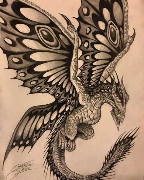 Pencil Creature in Surreal Jurassic Park Dragons And Butterflies Tattoo, Dragon With Fairy Wings, Butterfly Dragon Art, Dragon Butterfly Tattoo, Fairy Dragon Tattoo, Dragon Wing Tattoo, Dragon With Butterfly Wings, Winged Dragon Tattoo, Surealism Drawing