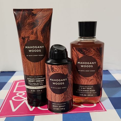 Bath & Body Works Men's Mahogany Woods 3pc Set Includes: 1-10oz 3-In-1 Hair, Face & Body Wash 1-8oz Body Cream 1-3.7oz Body Spray What It Smells Like: A Cozy, Scenic Cabin In The Woods With No Responsibilities. Fragrance Notes: Mahogany, Bourbon Vanilla, And Golden Amber. Me Bb31 1197 Bath And Body Perfume, Body Perfume, Spray Lotion, Hair And Skin Care, Golden Amber, Shave Gel, Bath And Bodyworks, Moisturizing Body Wash, Cabin In The Woods