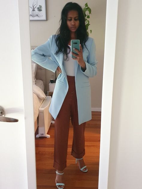 Pastel blue duster coat brown trousers Blue Duster Outfit, Duster Outfit, Brown Trousers, Work Attire, Pastel Blue, Work Outfits, Duster Coat, Trousers, Pastel