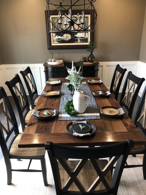 Black Walnut Table Dining Rooms, Black And Wood Dinner Table, Black Base Dining Table, Dining Table Dark Bottom Light Top, Wood Black Table, Black Table In Kitchen, White And Brown Dining Room, Black Rustic Dining Table, Dark Wood Dinning Table