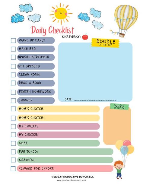 Help your kids stay organized with the 'Daily Checklist Kids Edition'. This checklist makes it easy for parents to make sure kids are completing tasks each day. Get your kids motivated and organized with this pre-order item today! Pre-Order yours today.🎉Daily Checklist Kids Edition is estimated to be available after January 3rd. No guarantee on shipping & delivery date at the moment. Size: 6" w x 9" h Paper Type: 70 lb. Paper Uncoated Printed Side: Front Only Padding: Padded With Cardboard Back Glued Edge: Top Sheets Per Pad: 50 Kids Journal Ideas, Before School Routine, Planner For Kids, School Routine For Teens, Kids Checklist, School Checklist, Effective Study Tips, Daily Checklist, Kids Schedule